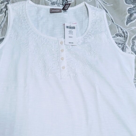Chico's Off White Cotton Tank w/Embroidery & Button Detail Medium NWT - Picture 1 of 8